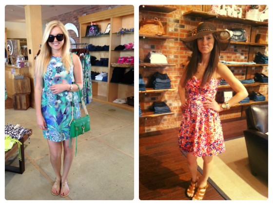 Sloan is wearing: Shoshanna, Louise Dress in Waterlily, $360. Available at Urban Chic Georgetown. Sarah is wearing: Shoshanna, Indi Dress in Magnolia Gardens, $395. Available at Urban Chic Baltimore.