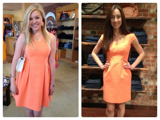 Sloan is wearing:  Shoshanna, Melaney Dress in Orange, $410.  Available at Urban Chic Georgetown. Sarah is wearing: Shoshanna, Evan Sheath Dress in Orange, $395. Available at Urban Chic Baltimore. 