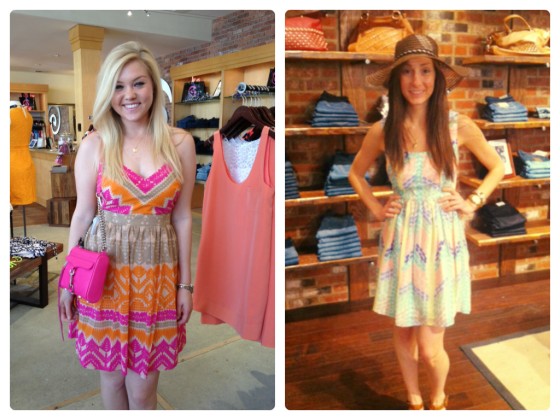 Sloan is wearing: Trina Turk, Gypsum Dress in Cactus Flower, $348. Available at Urban Chic Georgetown.  Sarah is wearing: Shoshanna, Seeley Dress in Toulouse, $385. Available at Urban Chic Baltimore. 