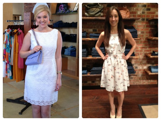 Sloan is wearing: Shoshanna, Lace Nyla Sheath in White, $418. Available at Urban Chic Georgetown. Sarah is wearing: Joie, Aragon Dress in Porcelain, $318. Available at Urban Chic Baltimore.